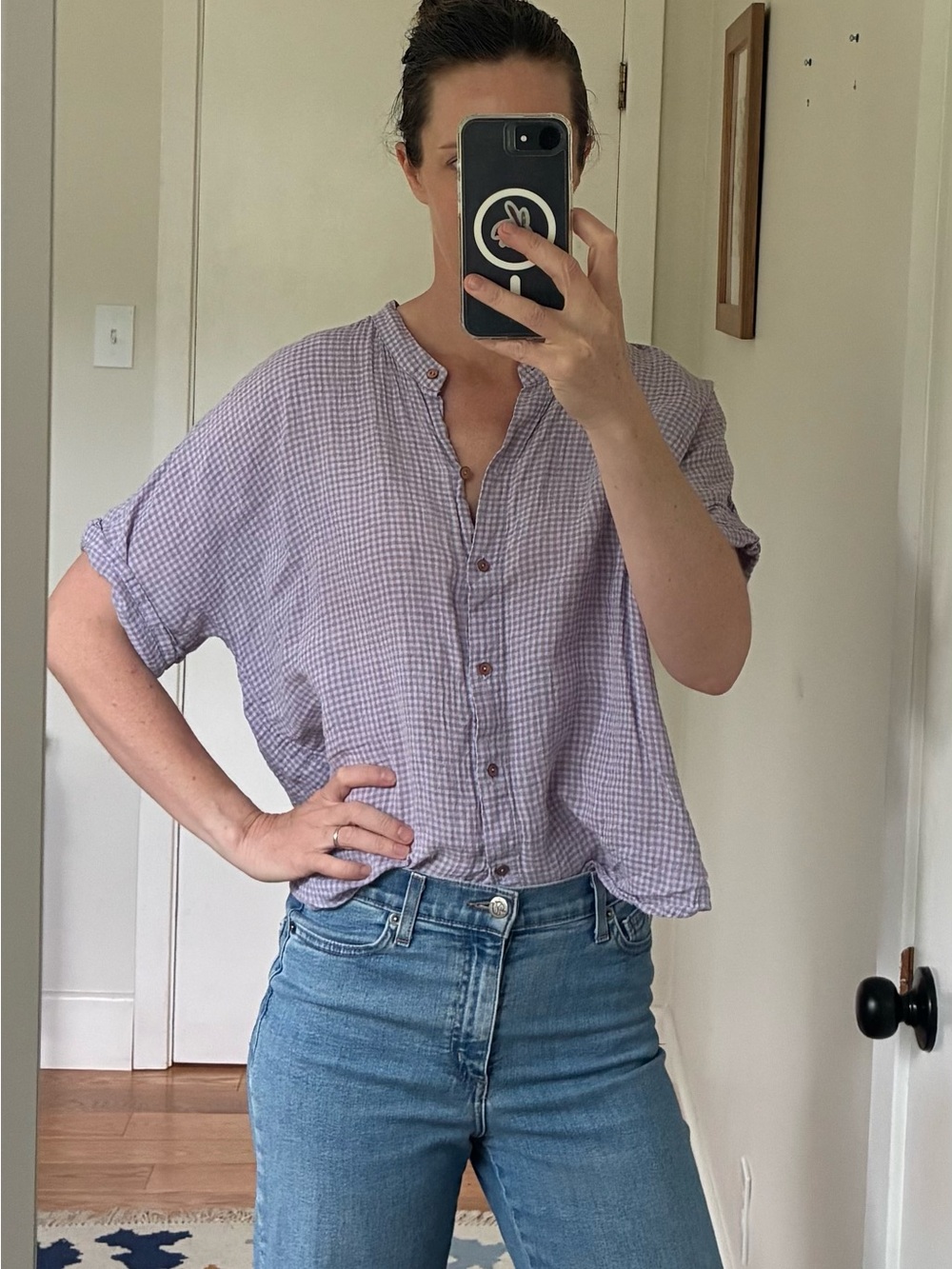 Eileen Fisher Light Lavender Short-Sleeve Button Front Boxy Tee